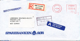 Norway Registered Bank Cover With Meter Cancel Arendal 4-3-1992 (Sparebanken Sör) Sent To Germany - Lettres & Documents