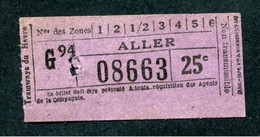 Ticket De Tramway Début XXe "Tramways Du Havre - Aller 25 Cmes" Le Havre - Normandie - Billet De Tram - Europa