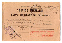 TB 3650 - MILITARIA - Carte En Franchise Militaire - Mr LAMY à PARIS Pour Mr Le Cdt Du Bureau De Recrutement à ALGER - Lettres & Documents