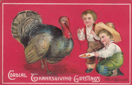 Thanksgiving Greetings, Clapsaddle Artist Signed, Children Feed Turkey, C1900s Vintage Postcard - Thanksgiving