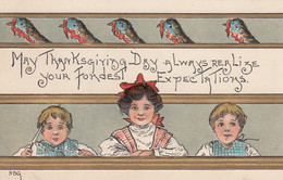 Thanksgiving Greetings, HB Griggs Artist Signed Children With Turkeys, C1900s/10s Vintage Embossed Postcard - Thanksgiving