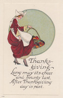 Thanksgiving Greetings, Art Deco Style Woman With Basket Of Fruit, C1910s/20s Vintage Embossed Postcard - Thanksgiving