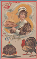 Thanksgiving Greetings, Woman Cooks, Turkey, C1900s Vintage Embossed Postcard - Giorno Del Ringraziamento