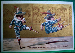 XIX è , Chromo ENFANTS AU CIRQUE CLOWN PAILLASSE ECHASSES  Victorian Card CHILDREN PIERROT ON STILTS Circus - Enfants