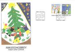 Norway Norge 1990 Christmas, Drawing Of Snow Man And Church  Mi 1057-1058 Pair FDC - Covers & Documents