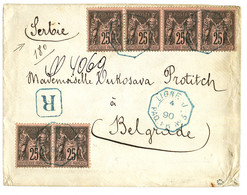 LIGNE J Pour LA SERBIE : 1890 25c SAGE (6) Obl. LIGNE J PAQ FR N°3 Sur Enveloppe RECOMMANDEE (5éme échelon De Poids) Pou - Maritime Post