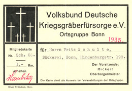 Bonn 1935 " Deko Mitgliedsausweis Volksbund Deutsche Kriegsgräberfürsorge E.V. Ortsgruppe Bonn " - Historische Documenten