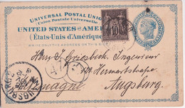 1893 - ALGERIE - SAGE Sur CARTE ENTIER US ! De ALGER => AUGSBURG (ALLEMAGNE) - 1876-1898 Sage (Type II)