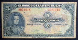 COLOMBIA BANKNOTE 5 PESOS ORO 1950 7 DIGITS SERIE FF P386e - Colombie