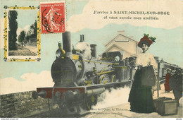 (XX) Carte Montage Gare Train Locomotive Voyageuse Voyageur. J'arrive à SAINT-MICHEL-SUR-ORGE 91 En 1908 - Saint Etienne