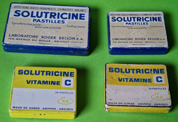 Lot 4 Anciennes Boites Métal Plate - Médicament SOLUTRICINE Pastille - Publicité Médicale Roger Bellon - Vers 1960 - Boîtes