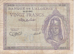 BILLETE DE ARGELIA DE 20 FRANCS DEL 16-12-1942  (BANKNOTE) - Algérie