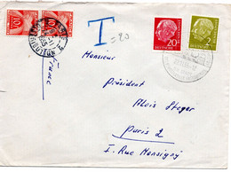 55383 - Bund - 1950 - 20Pfg Heuss I MiF A Bf ZWINGENBERG ... -> PARIS (Frankreich), M 2@10F Nachporto - 1859-1959 Cartas & Documentos