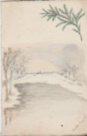 Carte Dessinée à La Main. Paysage De Neige + Branche De Sapin (Signée: Berthe SAGOT) - 1900-1949