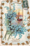 CPA FLEURS - Souvenir - Fleurs Bleues Avec Une Illustration De Voilier - Bloemen