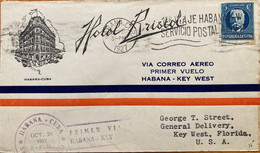 CUBA TO USA 1927, FIRST FLIGHT HABANA TO KEY WEST,FLORIDA, USED COVER,PRIVATE PRINTED HOTEL BRISTOL ILLUSTRATED ! IMPERF - Cartas & Documentos