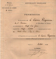 VP20.859 - MILITARIA - PARIS X MONT DORE 1904 - Permission - Mr Le Capitaine RAGUENEAU Du 4 ème Bureau De L'Etat Major - Documenti