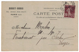 TIMBRE SEMEUSE 20c PERFORÉE MH Sur CARTE 1925 ENTETE MASSEY HARRIS De PARIS Pour FOUCHECOURT VOSGES PERFIN PERFO - Brieven En Documenten