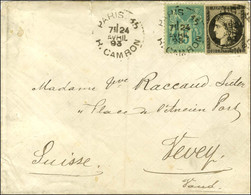 Càd PARIS / R. CAMBON / N° 3 + N° 75 Sur Lettre Pour Vevey. 1893. Usage Tardif Du 20c. Noir. - TB / SUP. - 1849-1850 Cérès