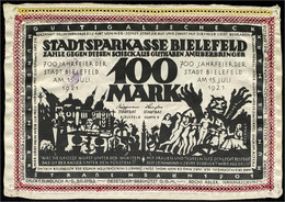 100 Mark Leinen, Weiß 15.7.1921 „Nichts Schrecklicheres“. Zwei Zusammengenähte Vs., Mit Borte Gekettelt, Mit Hohlsaum Un - Zwischenscheine - Schatzanweisungen