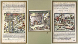 3 Blätter Aus Georg Agricolas De Re Metallica (1556): Seiten 132/133, 166/167 Und Ein Einzelner Kolorierter Holzschnitt. - Other & Unclassified