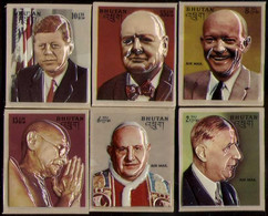 BHUTAN 1972 FAMOUS PEOPLE/PERSONS/PERSONALITIES GANDHI/KENNEDY/CHRCHILL 3-D Heat Moulded Plastic 6v SET MNH - Erreurs Sur Timbres