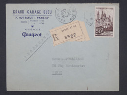 BI 2  FRANCE BELLE LETTRE RECOM. GRAND GARAGE BLEU   1952  PARIS + AFFRANCH. PLAISANT - 1927-1959 Lettres & Documents