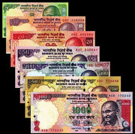 INDIA 7 PCS BANKNOTES SET 5RS,10RS 20RS 50RS, 100RS 500RS AND 1000RS RANDOM YEAR, UNC OLD NOTES (TOTAL 1685 RUPEES) - Inde