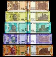 INDIA 5 PCS NEW BANKNOTES SET 10RS, 20RS, 50RS, 100RS AND 200RS  RANDOM YEAR UNC NOTES (TOTAL 380 RUPEES) - Inde