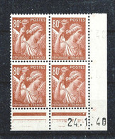 Type IRIS  80c Brun  Bloc De 4 Coin Daté 24.1.40  ** MNH Sans Charnière Gomme Superbe TTB - Altri & Non Classificati