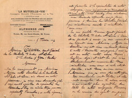 VP20.877 - 1897 - Lettre & Pub ¨ LA MUTUELLE - VIE ¨ Directeur Mr A. JOU à TOURS Pour Mr TESSIER à LA ROCHE SUR YON - Banco & Caja De Ahorros