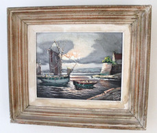 Peinture Marine Ancienne Sur Toile - Paysage Marin - Bateau - Clair Obscur- Signé Peintre Luigi - Italie - Huiles