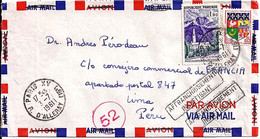 TP N° 1241/1230A SUR L. DE PARIS / 3.7.61  POUR LE PEROU  AFF. INSUFFISANT POUR AVION - 1961-....