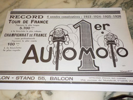 ANCIENNE PUBLICITE RECORD TOUR DE FRANCE CYCLES AUTOMOTO 1926 - Motos