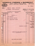 Facture Du 24 /10/1939 : Eau Oxygénée Gifrer Gignoux Frères & Barbezat à Dècines Et Bordeaux - Droguerie & Parfumerie