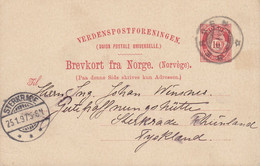 Norway UPU Postal Stationery Ganzsache Entier 10 Øre Posthorn BERGEN 1897 STERKRADE (Arr.) Rheinland Germany (2 Scans) - Postwaardestukken
