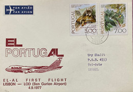 PORTUGAL-ISRAEL 1977, FIRST FLIGHT COVER, LISBOA TO LOD BEN GURION AIRPORT,ANIMAL LYNX, BIRD TAUREL CHERRY, NATURE, PLAN - Covers & Documents