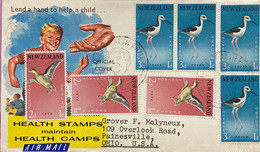 NEW ZEALAND 1959, KGVI MEMORIAL COVER, USED TO USA, CHILDREN HEALTH SPECIAL CANCEL, BIRD GREY TILL & STILT 7 STAMP USED - Cartas & Documentos