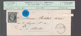 Un Timbre N° 10  Sur Crème Prince Président Louis -Napoléon Pc 2159   Lettre Sans Courrier  1854 Moreuil Pour Abbeville - 1852 Louis-Napoleon