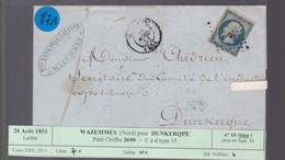 Un Timbre N° 10  Prince Président Louis -Napoléon Pc 3690 Lettre  1853  Wazemmes Pour Dunkerque - 1852 Louis-Napoleon