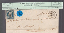 Un Timbre N° 10   Prince Président Louis -Napoléon Pc 12  Lettre  1853 Aignan Pour Mirande - 1852 Louis-Napoleon