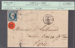 Un Timbre N° 10   Prince Président Louis -Napoléon Pc 1172  Lettre  26 Mai 1853  Elbeuf Pour  Paris - 1852 Louis-Napoleon