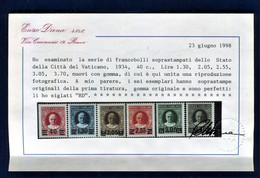 VATICANO 1934 PROVVISORIA SERIE CPL. * CENTRATISSIMA IMPERCETTIBILE TRACCIA DI LINGUELLA  C. ENZO DIENA - Unused Stamps