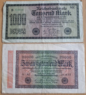 2 X DUITSLAND :  1000 REICHSBANKNOTE 1922 + SCHAARSE 20000 MARK 1923 T.SCHMIDT Nr76 & 85 - 20.000 Mark