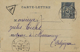 2503PR/ France Carte-Lettre 15c Obl.Ay (Marne) 1894 T > Messancy Belgique Taxée 2 C.Ambt BXL-Arlon 1 1894 + C.d'arrivée - Ambulants