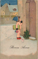 Bonne Année ! Illustration Petit Enfant Nu Sonne à La Porte  - Paquet - Cadeaux - Sapin Cachet Genève 1924 Etoiles - Retratos
