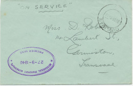 SÜDAFRIKA 27.9.1940, Grosser K2 "CULLINAN" U. Viol. Briefstempel   "MECHANICAL TRANSPORT WORKSHOPS * 27-9-1940 * PREMIER - Covers & Documents