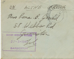 SÜDAFRIKA 28.3.1941, Selt. "BARBERTON CAMP - KAMP" K2 U. Viol. Absenderstempel "SENIOR MEDICAL OFFICER / 27-3-1941 / BAR - Briefe U. Dokumente