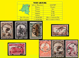 (°) BELGIAN CONGO / CONGO BELGE = NIZI CANCELATION STUDY 8 STAMPS - Abarten Und Kuriositäten