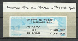 Vignette D'affranchissement Oiseaux De Jubert 0,46 Fête Du Timbre Thionville 11/3/2000 Neuve  B/TB Voir Scan Soldé ! ! ! - 1990 Type « Oiseaux De Jubert »